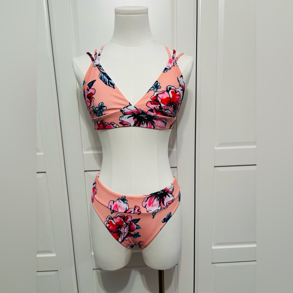 Peach Floral Two-Piece Bikini Set in Sizes S, M, L, XL